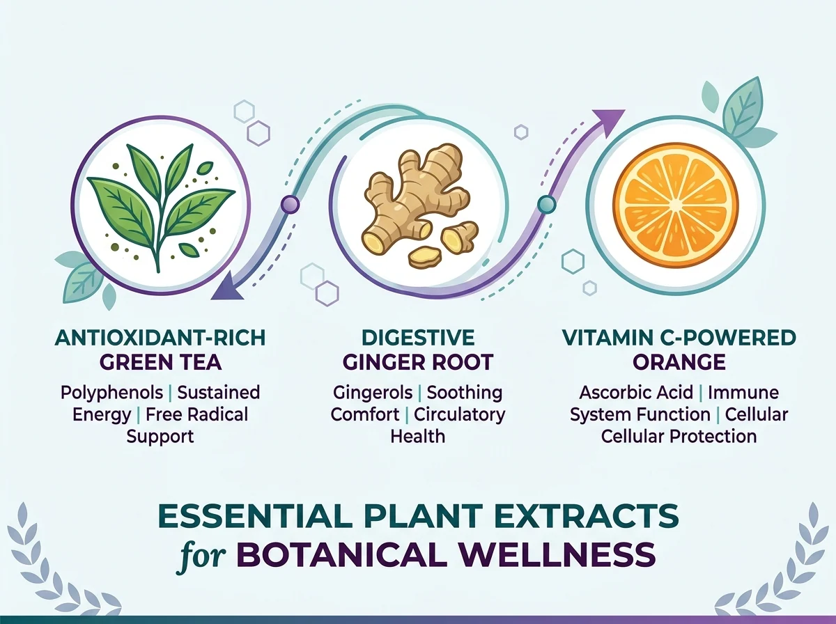 Botanische illustratie van groene thee blad, gemberwortel en vitamine C sinaasappel